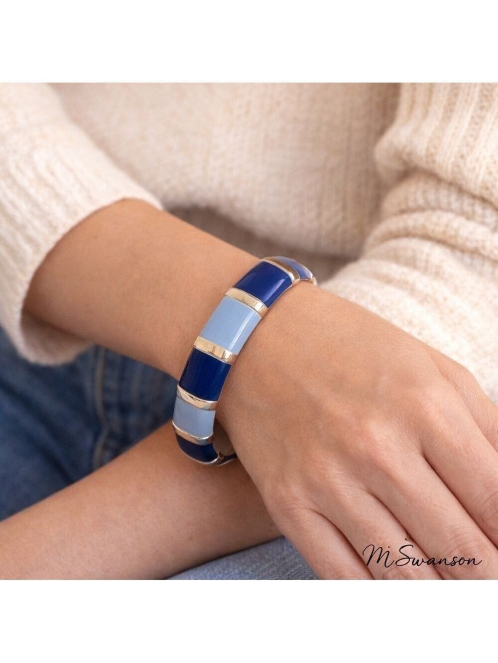 Blue & Silver Colorblock Enamel Hinged Bangle Bracelet NWOT